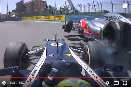 【オンボード映像】マルドナードがハミルトンをバトルの末はじき飛ばす／2012年ヨーロッパGP