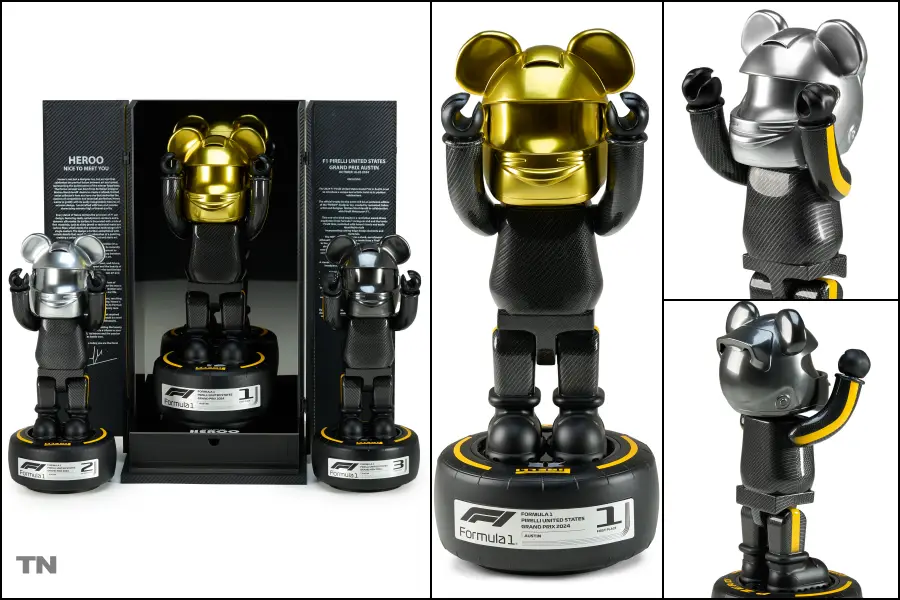 F1アメリカGP表彰式で「ミニタイヤ」が授与された真相！「ミッキーマウスの耳」「ベアブリック」に酷似の指摘で急遽“プランB”に切り替え！