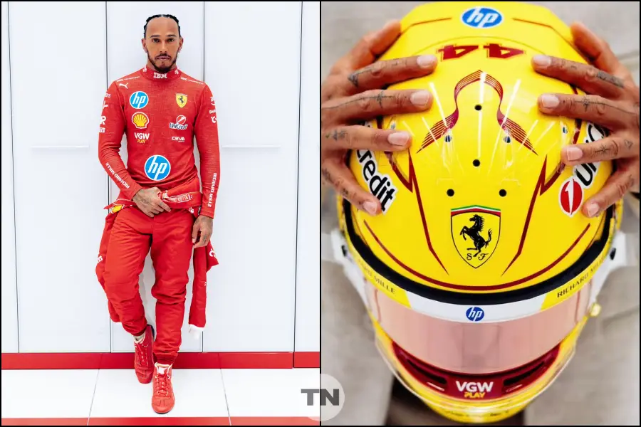 赤く染まったハミルトン、フェラーリF1に没入！赤いスーツと黄色いヘルメット姿で新章突入