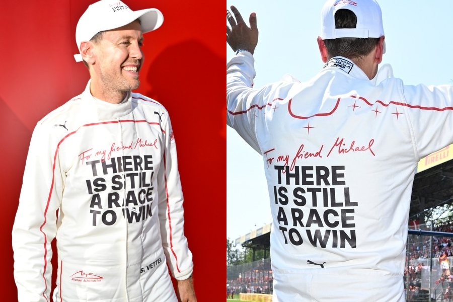「友人ミハエルへ」ベッテルがシューマッハに捧げた“世界に一着”「まだ勝つべきレースがある」特別スーツを寄贈　オークションに